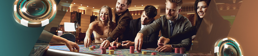 A group of people playing a live dealer game in a physical casino at SkyCity NZ