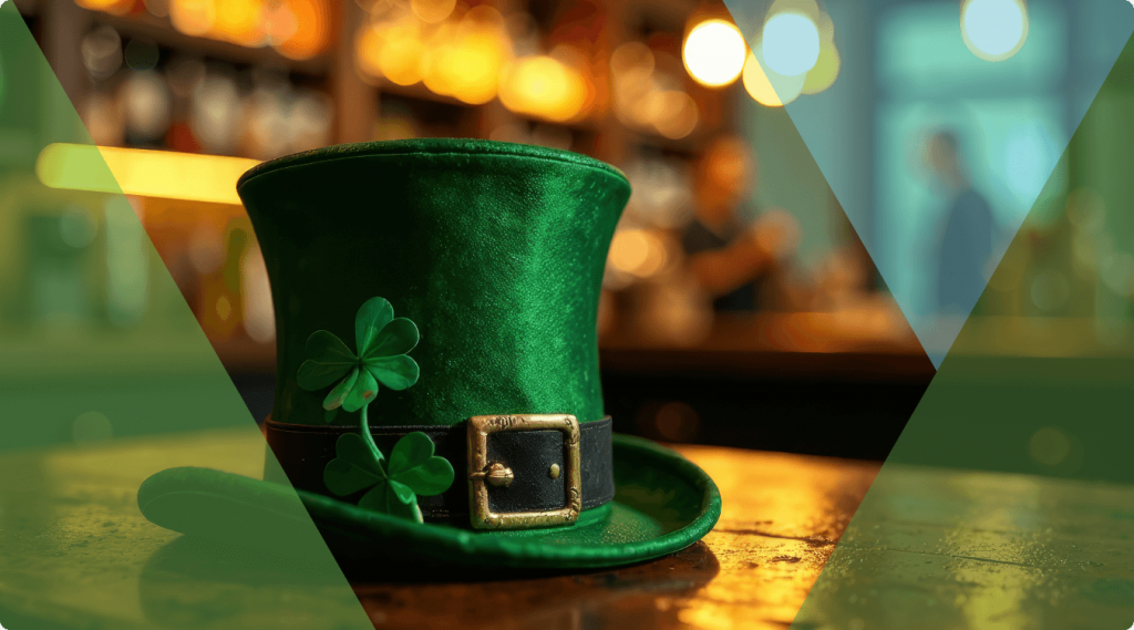 Typical green Irish hat with a clover and a golden buckle